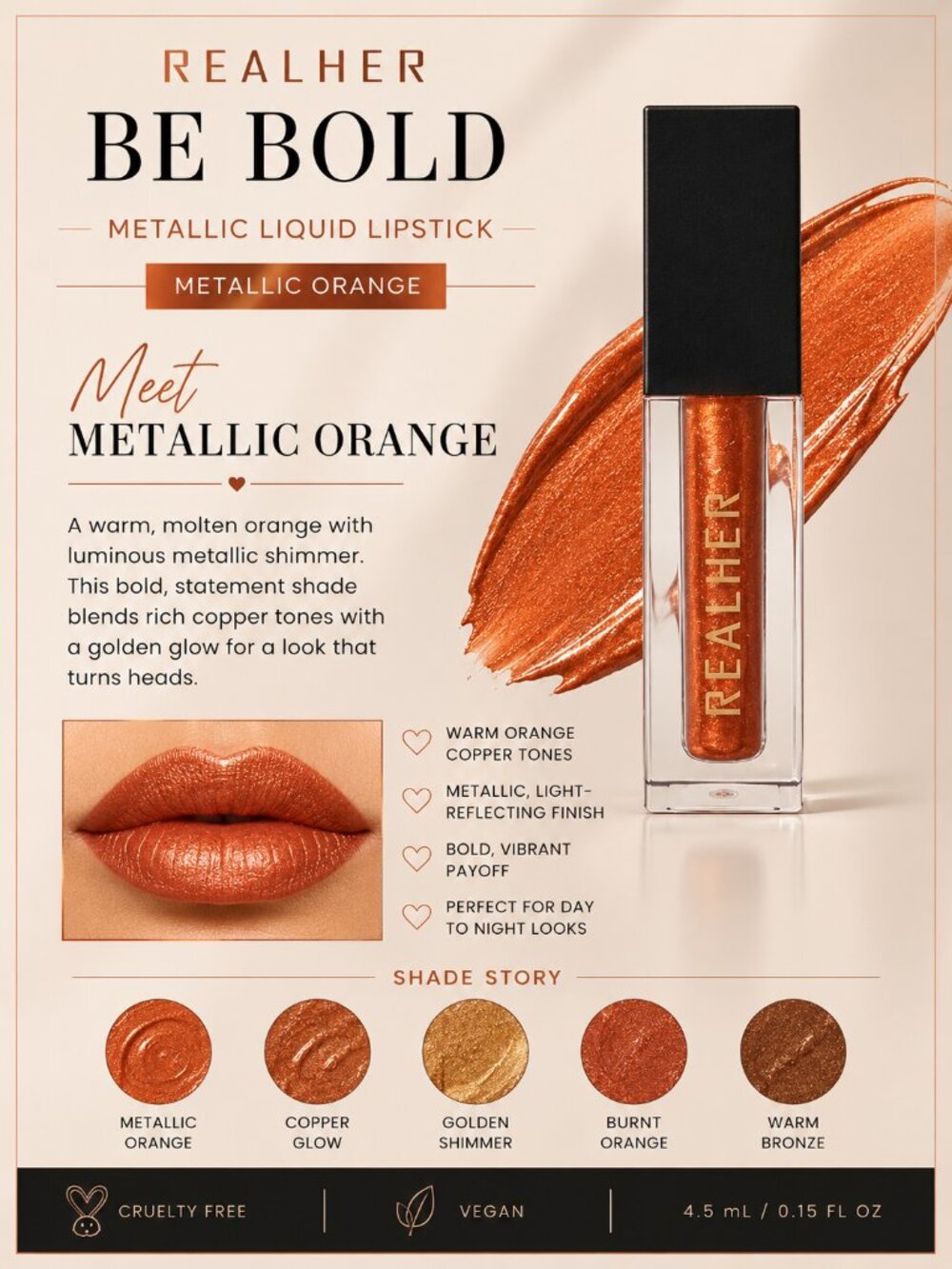 REALHER Be Bold Metallic Liquid Lipstick Metallic Orange 4.5mL NIB